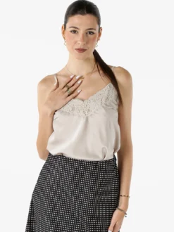 Solada Top donna effetto raso con spalline sottili e dettaglio in pizzo - beige