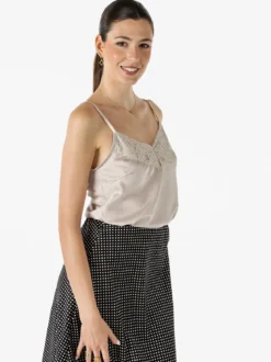 Solada Top donna effetto raso con spalline sottili e dettaglio in pizzo - beige