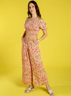 Solada Top donna floreale a maniche corte con scollo elasticizzato - arancione