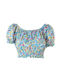 Solada Top donna floreale a maniche corte con scollo elasticizzato - blu
