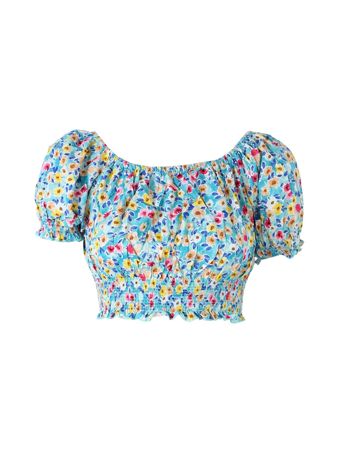 Solada Top donna floreale a maniche corte con scollo elasticizzato - blu