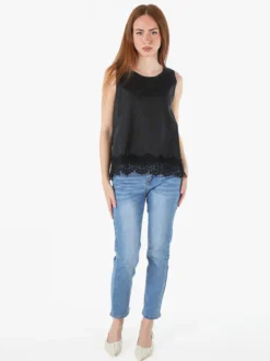 Solada Top donna in cotone con pizzo sul finale - nero
