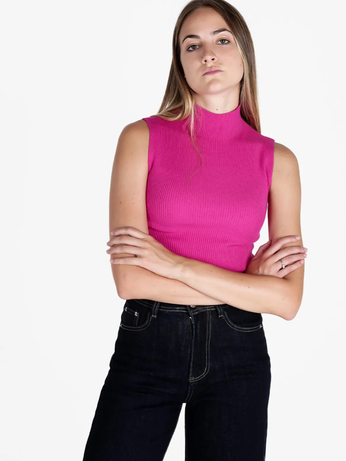 Solada Top donna in maglia a costine con collo a lupetto