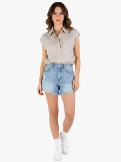 Solada Top donna in misto lino con coulisse laterali - khaki