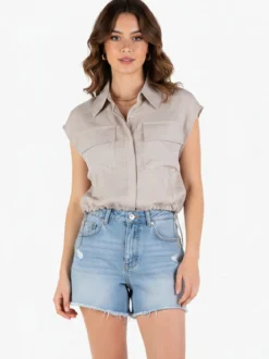 Solada Top donna in misto lino con coulisse laterali - khaki