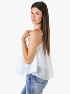 Solada Top donna leggero con spalline strette e balza - bianco