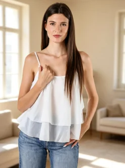 Solada Top donna leggero con spalline strette e balza - bianco