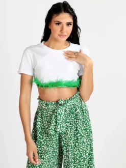 Solada T-shirt cropped donna con piume