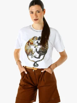 Solada T-shirt donna gioiello con strass e stampa disegno animali - bianco