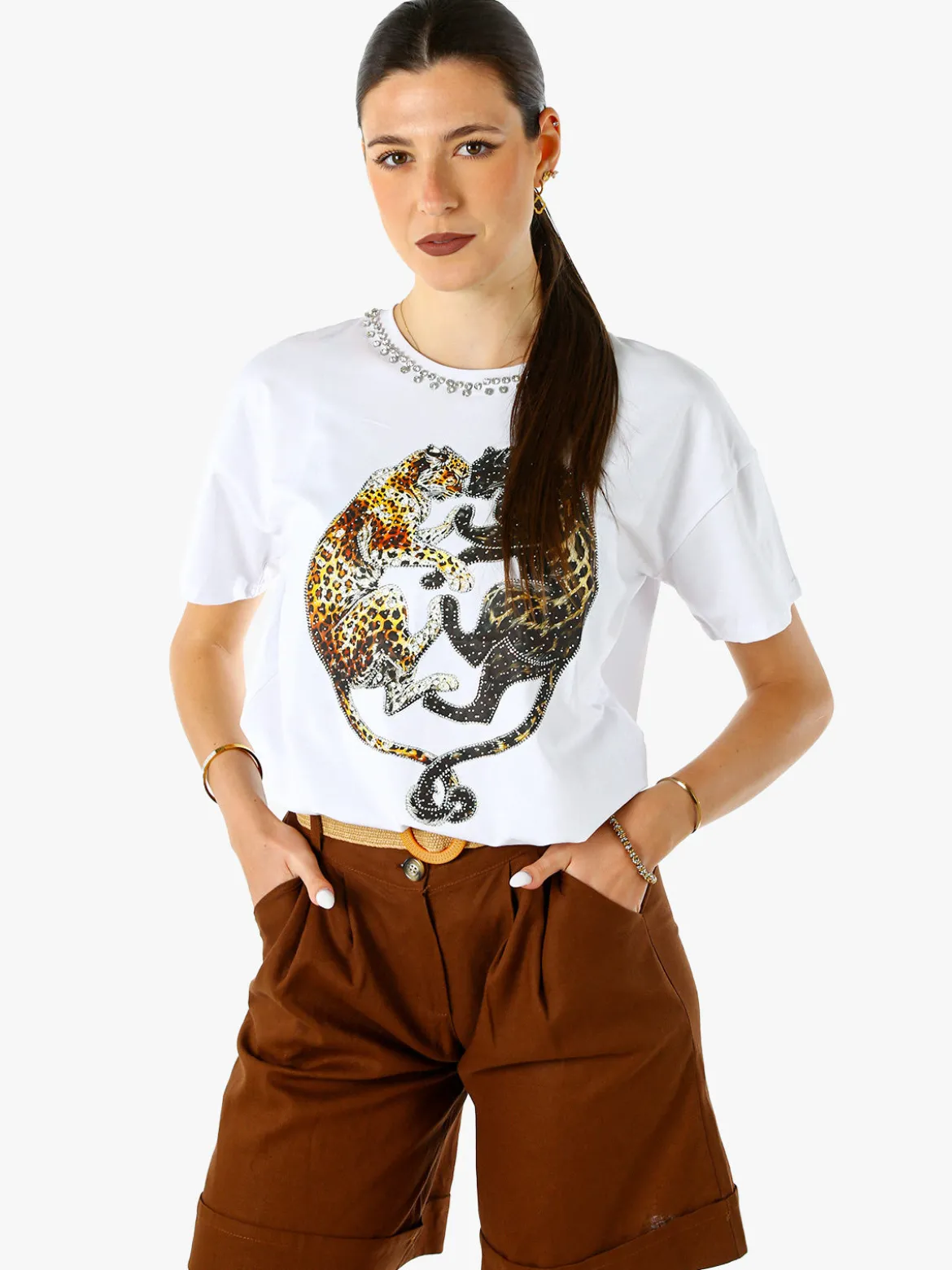 Solada T-shirt donna gioiello con strass e stampa disegno animali - bianco