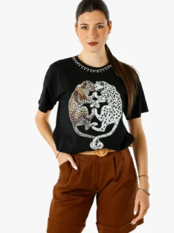 Solada T-shirt donna gioiello con strass e stampa disegno animali - nero