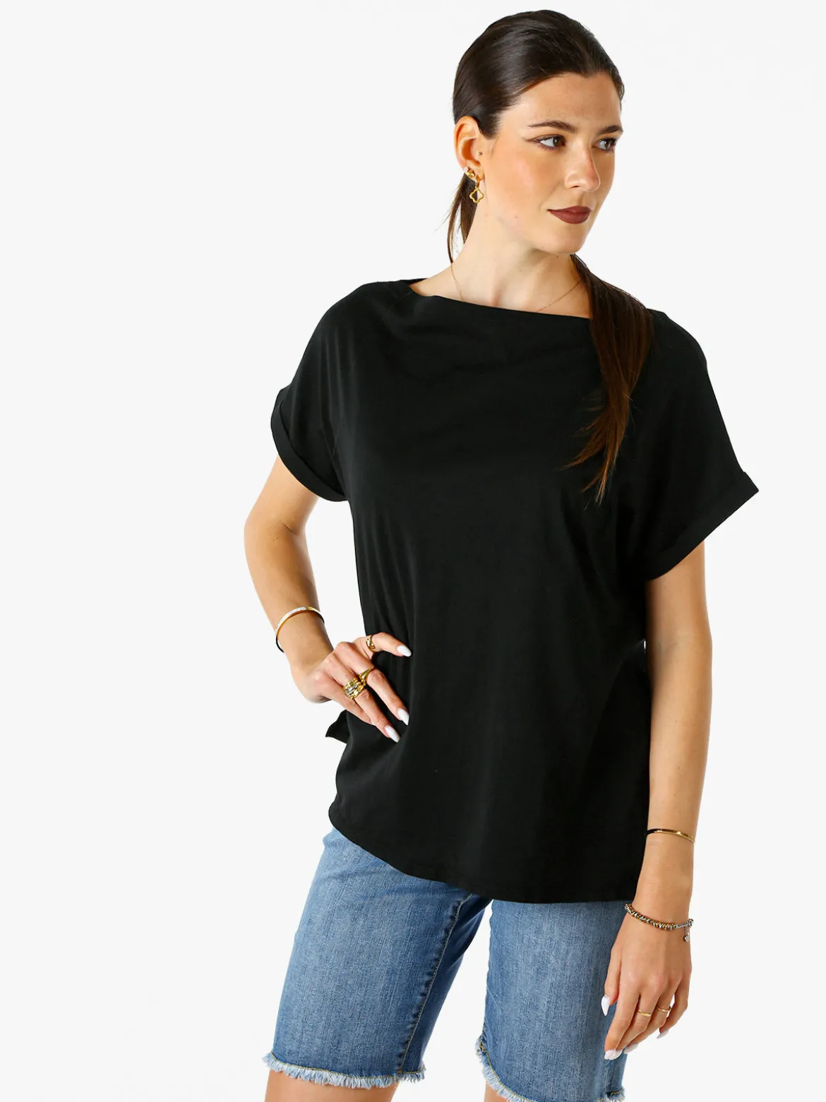 Solada T-shirt donna in cotone con scollo a barca - nero