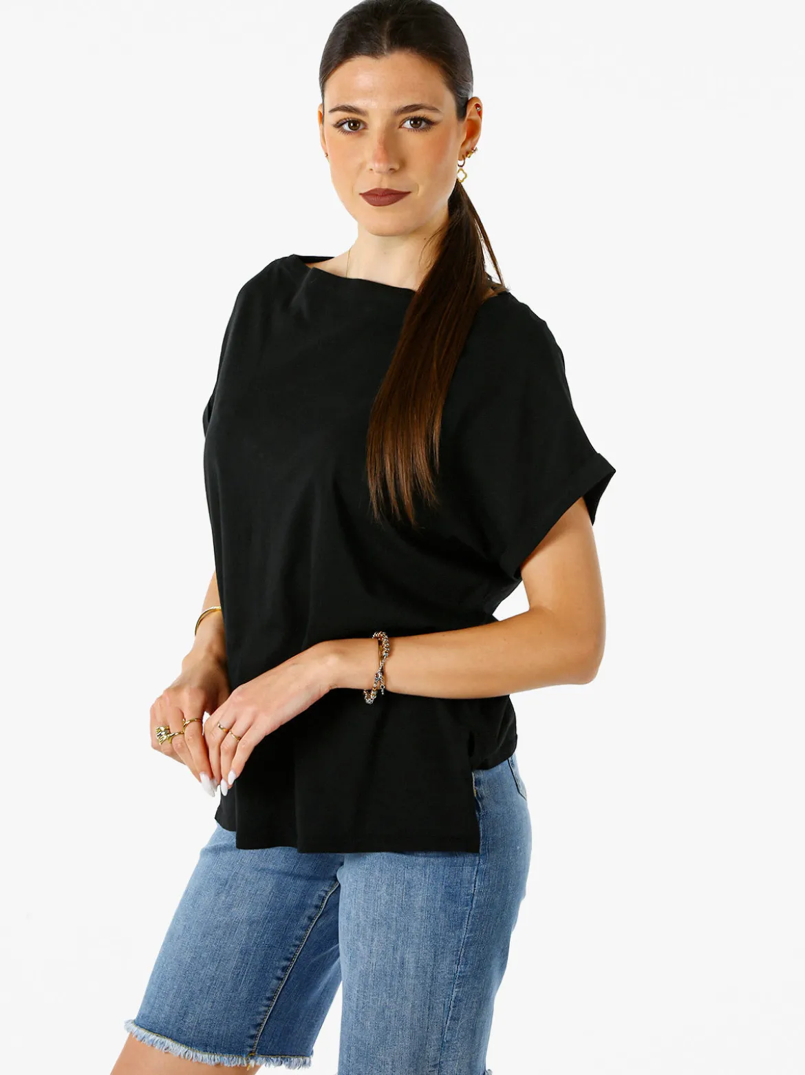 Solada T-shirt donna in cotone con scollo a barca - nero