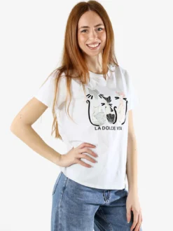 Solada T-shirt donna in cotone con stampa gatti - bianco