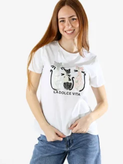 Solada T-shirt donna in cotone con stampa gatti - bianco