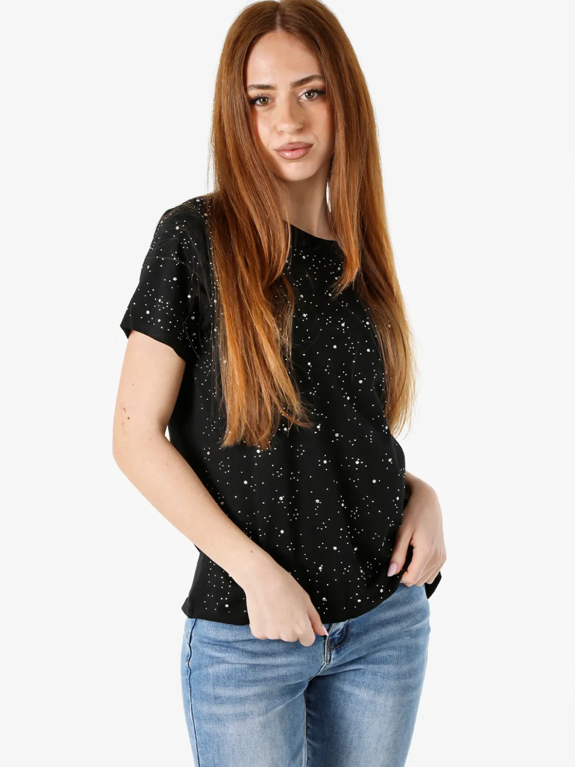 Solada T-shirt donna in cotone con strass - nero