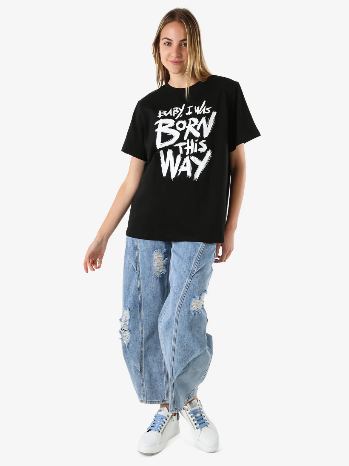 Solada T-shirt donna oversize con spalline imbottite e stampa - nero