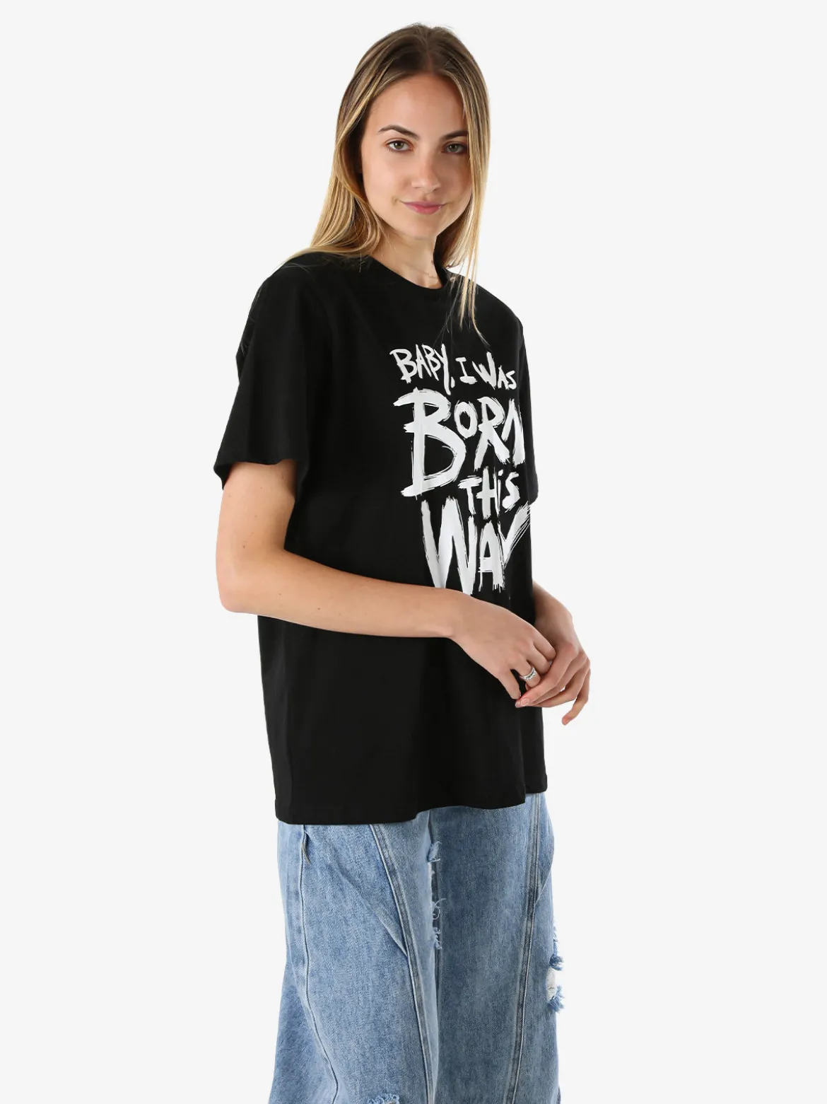 Solada T-shirt donna oversize con spalline imbottite e stampa - nero