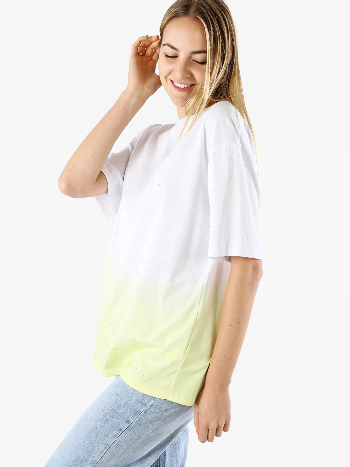 Solada T-shirt donna oversize con strass e sfumatura - giallo