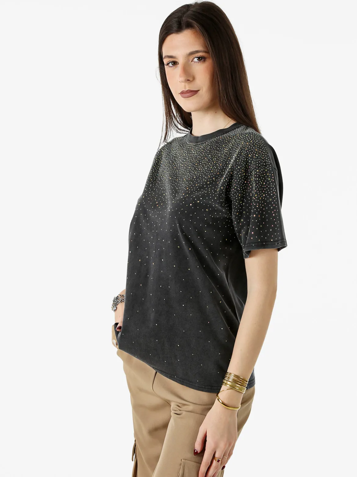 Solada T-shirt donna oversize con strass - nero