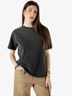 Solada T-shirt donna oversize con strass - nero