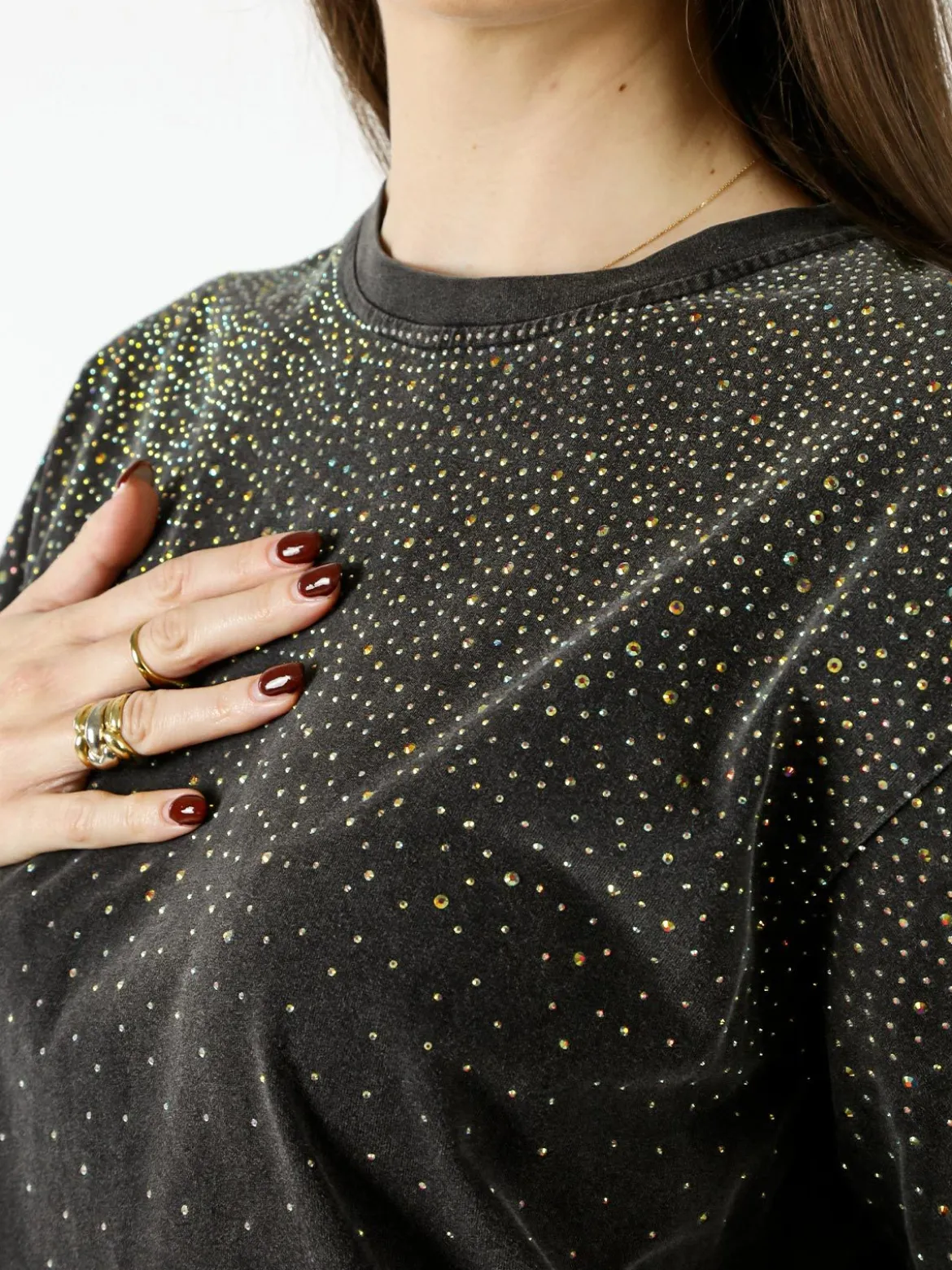 Solada T-shirt donna oversize con strass - nero