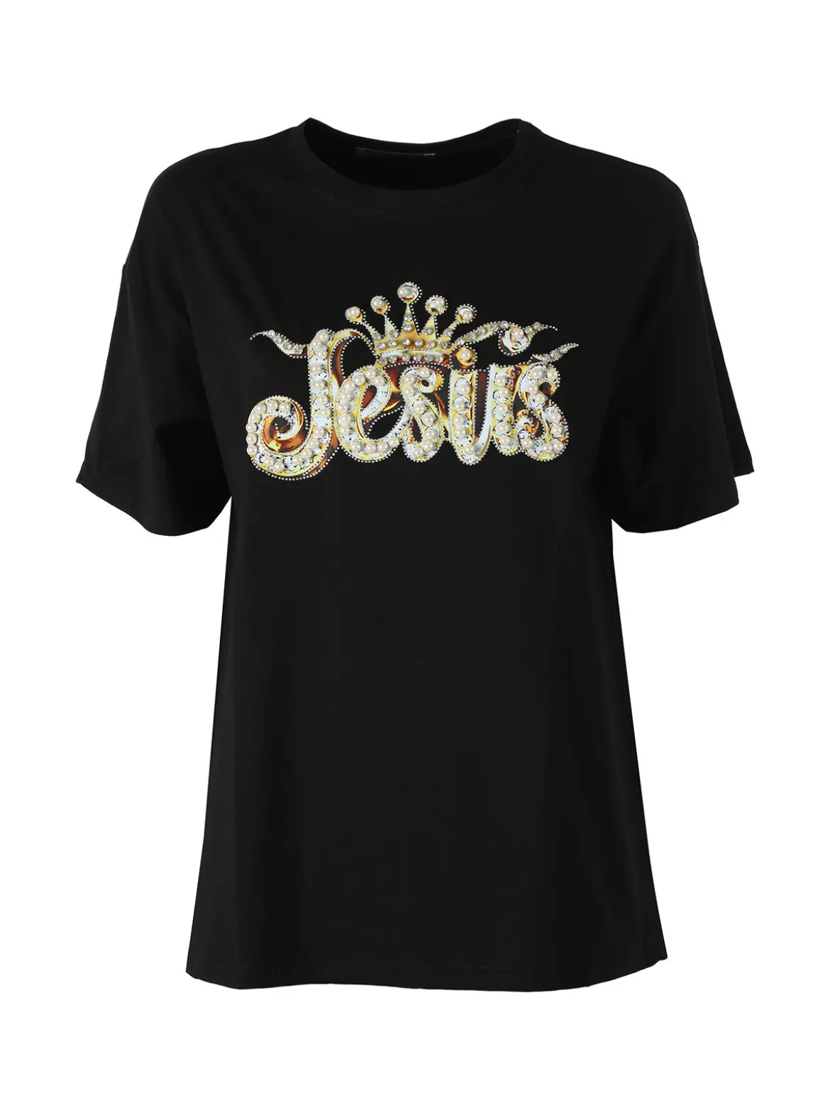 Solada T-shirt donna oversize in cotone con dettagli di perle e strass - nero