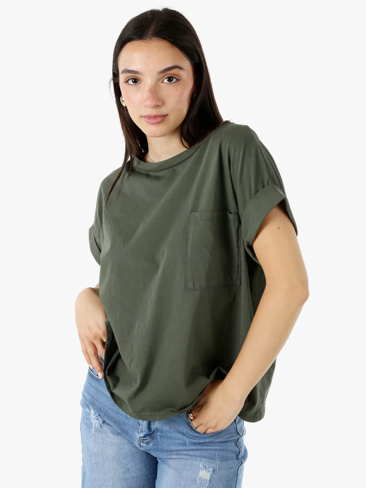 Solada T-shirt donna oversize in cotone con taschino - militare
