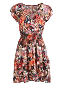Solada Vestito donna in cotone a maniche corte con stampe colorate - nero