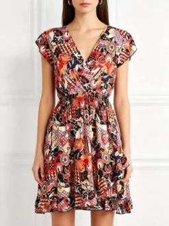 Solada Vestito donna in cotone a maniche corte con stampe colorate - nero