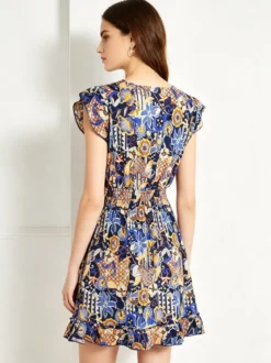 Solada Vestito donna in cotone a maniche corte con stampe colorate - blu
