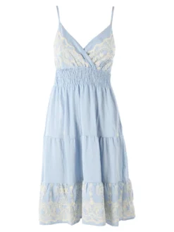 Solada Vestito donna in viscosa con spalline strette e ricami con lurex - azzurro