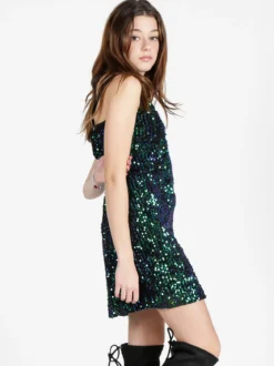 Solada Vestito donna midi in ciniglia con paillettes e spalline sottili