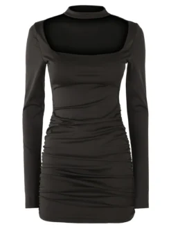 Solada Vestito donna mini a tubino con maniche lunghe e scollo quadrato - nero