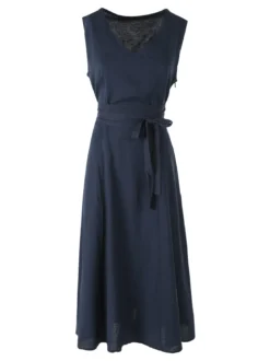 Solada Vestito donna smanicato in misto lino con scollo a V - blu scuro