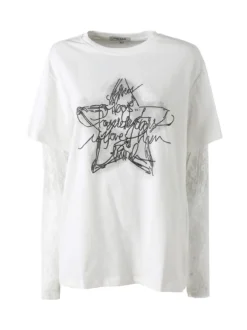 Studio Eleven Collection Maxi t-shirt da donna in cotone con maniche lunghe in pizzo - bianco
