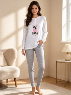 Stylosa Pigiama lungo da donna in cotone con pantaloni a pois