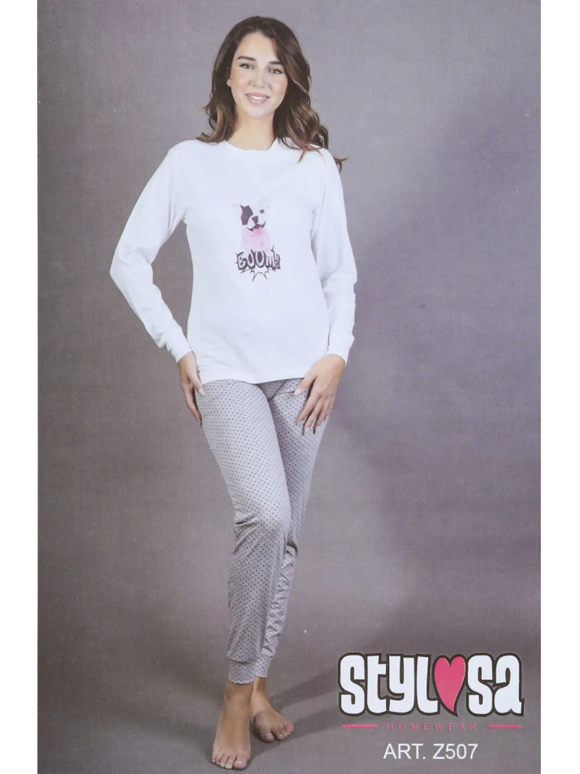 Stylosa Pigiama lungo da donna in cotone con pantaloni a pois