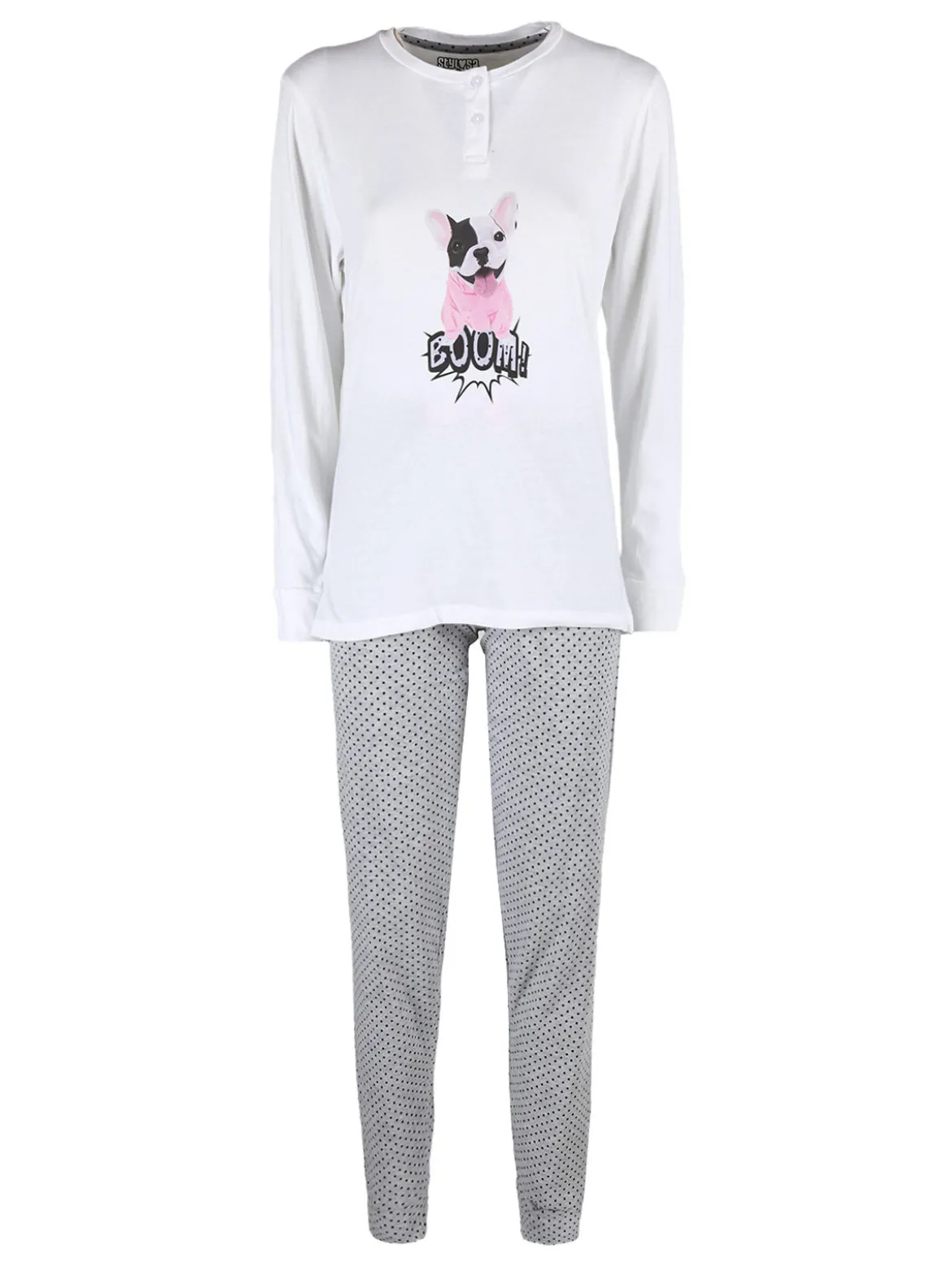 Stylosa Pigiama lungo da donna in cotone con pantaloni a pois