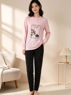 Stylosa Pigiama lungo da donna in cotone con pantaloni a pois