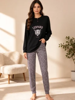 Stylosa Pigiama lungo donna con pantaloni leopardati
