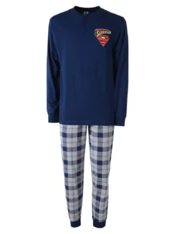 Superman Pigiama lungo da uomo in cotone con pantaloni a quadri - blu