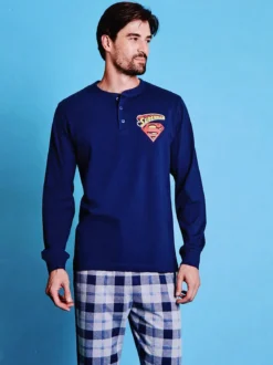 Superman Pigiama lungo da uomo in cotone con pantaloni a quadri - blu