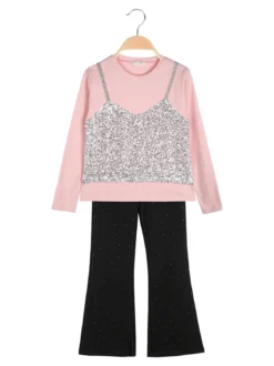 Sweet Junior Completo elegante da bambina con paillettes e pantaloni a zampa - rosa