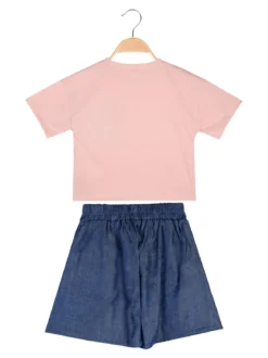 Sweet Junior Completo 2 pezzi corto da bambina con t-shirt cropped e shorts con micro borchie - cipria