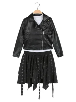 Sweet Junior Completo 3 pezzi da bambina con giacca in ecopelle e gonna con strass - nero