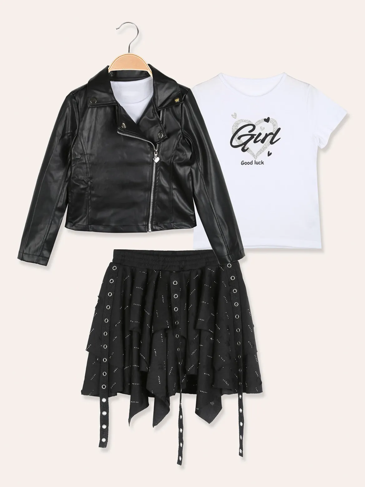 Sweet Junior Completo 3 pezzi da bambina con giacca in ecopelle e gonna con strass - nero