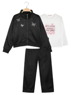 Sweet Junior Completo tuta da bambina 3 pezzi con strass - nero