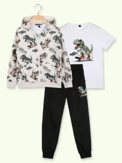 Sweet Junior Completo tuta da bambino dinosauri 3 pezzi con cappuccio e zip - beige