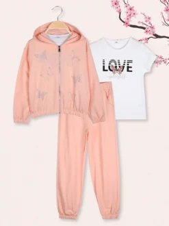 Sweet Junior Completo tuta 3 pezzi da bambina con farfalle di strass cappuccio e zip - corallo